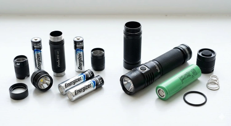 18650 vs AA flashlight battery size comparison side by side on a workbench