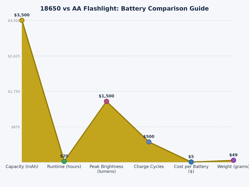 Bar chart comparing 18650 vs AA battery capacity and runtime across common flashlight output levels