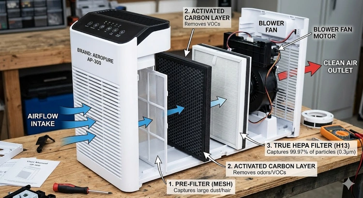 Activated carbon filter vs HEPA air purifier comparison showing both filter types side by side inside a dual-filter unit