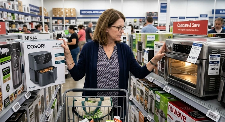 Air fryer buying guide showing basket-style and oven-style air fryer models on a kitchen counter