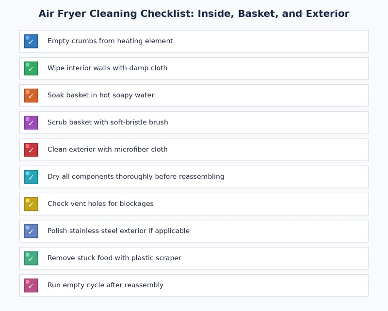 air fryer cleaning checklist showing daily weekly and monthly maintenance tasks