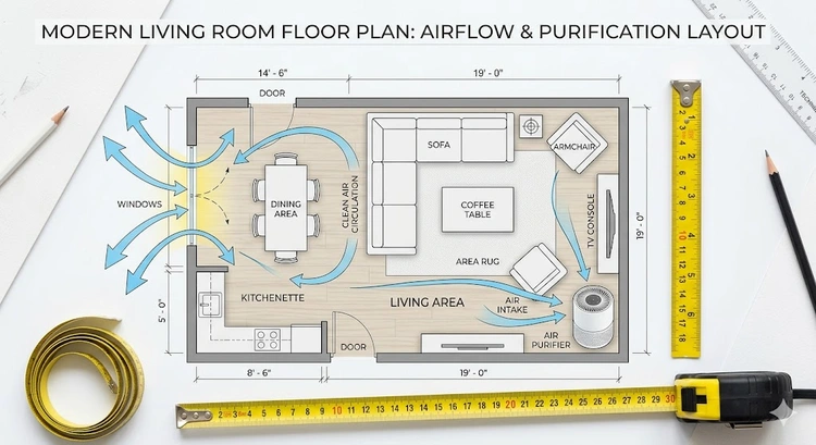 Air purifier CADR rating explained with labels showing smoke, dust, and pollen score benchmarks on a unit