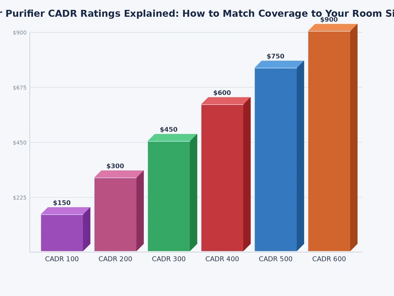 Chart showing recommended CADR rating ranges for room sizes from 100 to 700 square feet