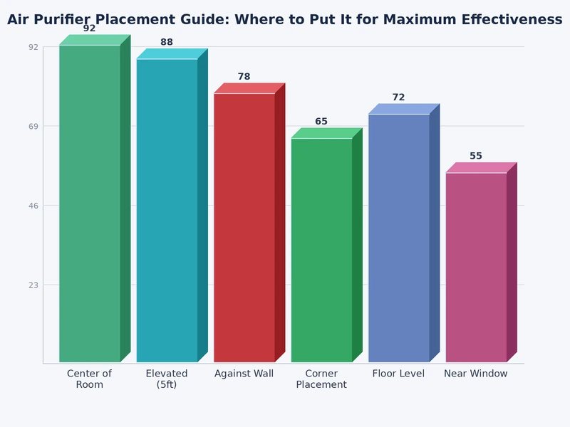Chart comparing air purifier placement effectiveness by room position type including central wall corner and obstructed placements