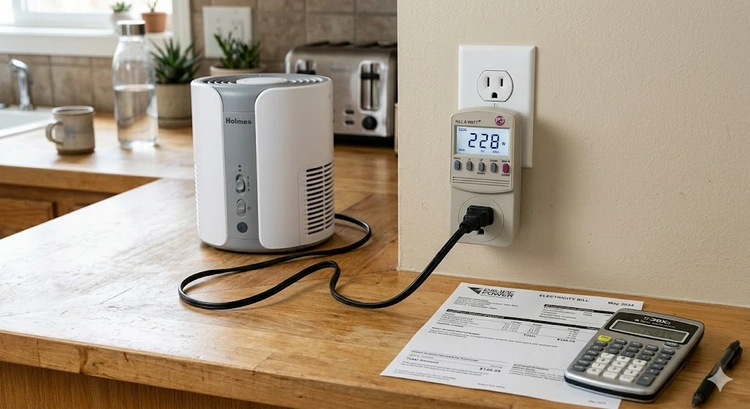 air purifier electricity running costs shown on a countertop next to an electric meter