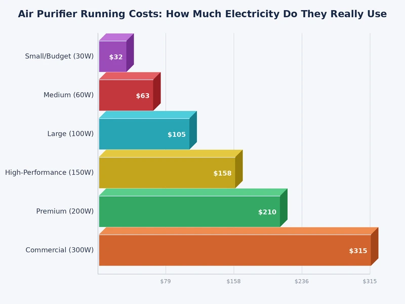 bar chart comparing annual electricity costs for small medium and large air purifiers at different daily usage hours