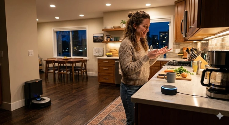 Alexa routines home cleaning setup on an Echo device next to a robot vacuum