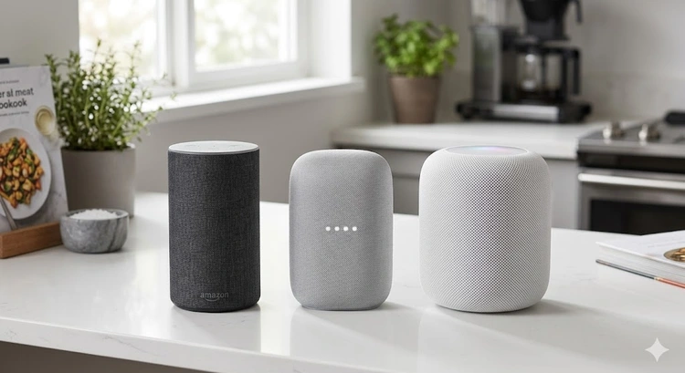 Amazon Echo, Google Nest Audio, and Apple HomePod smart speakers side by side on a shelf