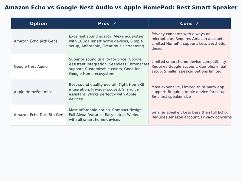 Comparison chart showing Amazon Echo, Google Nest Audio, and Apple HomePod features and ratings
