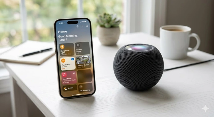 Apple HomeKit setup guide showing iPhone Home app controlling smart devices in a living room