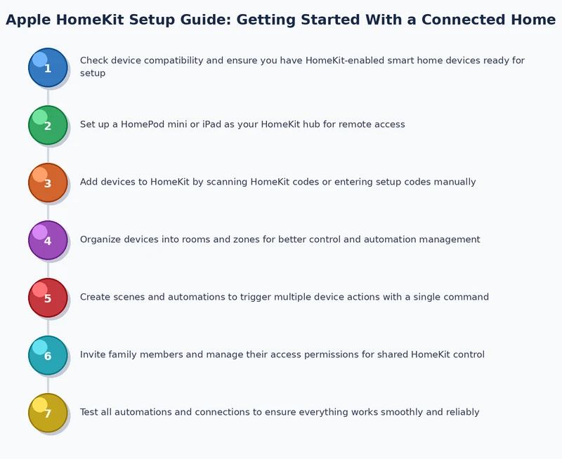Step-by-step process diagram showing the five stages of setting up an Apple HomeKit system from hub to automation