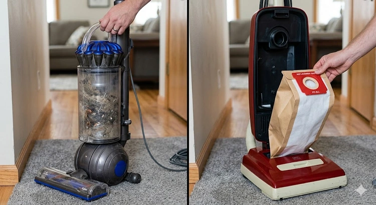 Bagless vs bagged vacuum side by side on hardwood floor