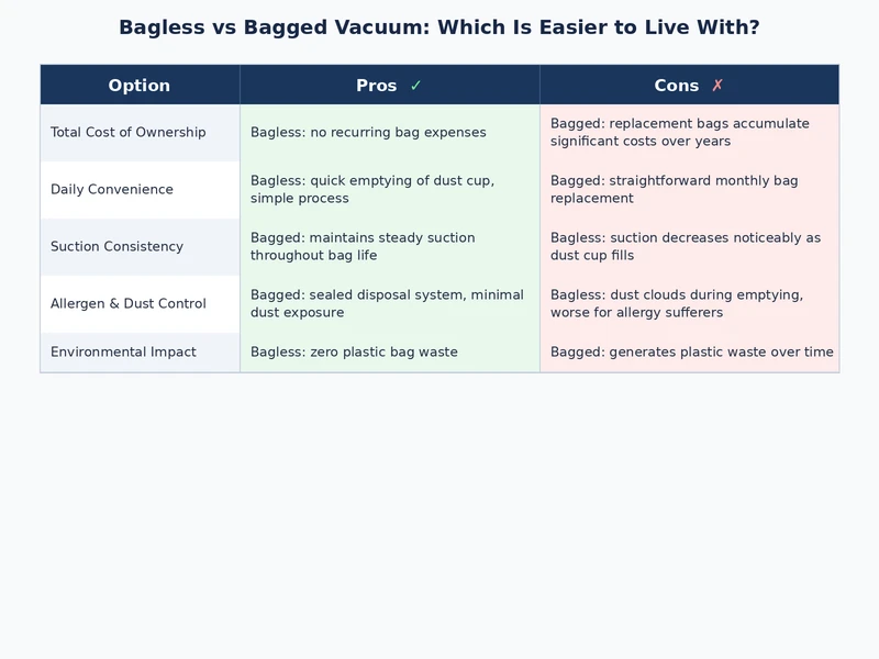 Comparison table showing maintenance tasks for bagless versus bagged vacuums