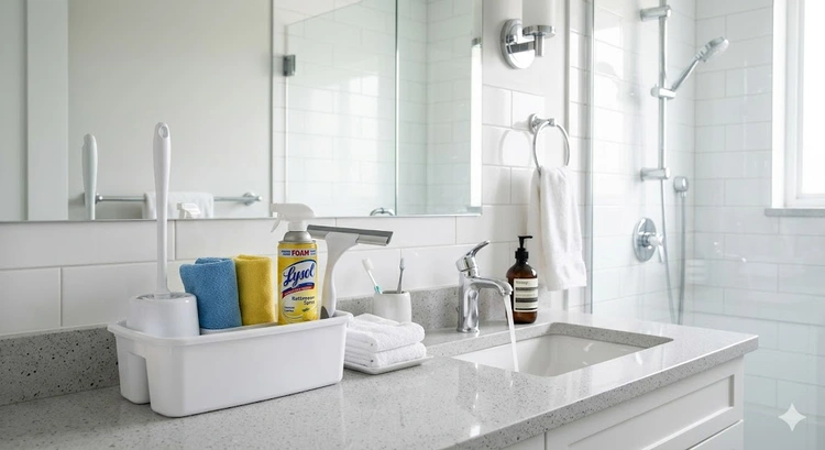 Bathroom cleaning supplies arranged for a daily bathroom cleaning routine