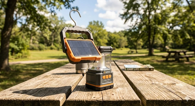 Best solar powered camping lantern hanging from a tent ridgeline at dusk with solar panel deployed