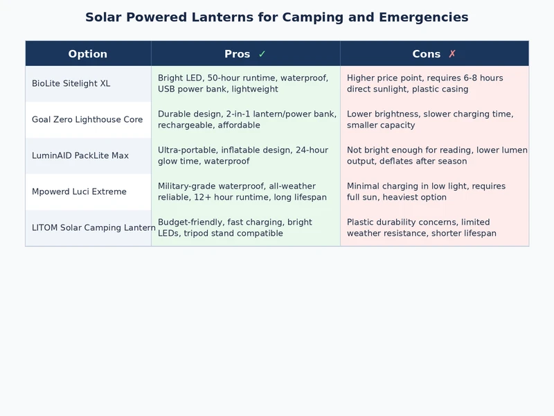 Side-by-side comparison of five solar lantern categories from budget to base camp showing panel size and form factor differences