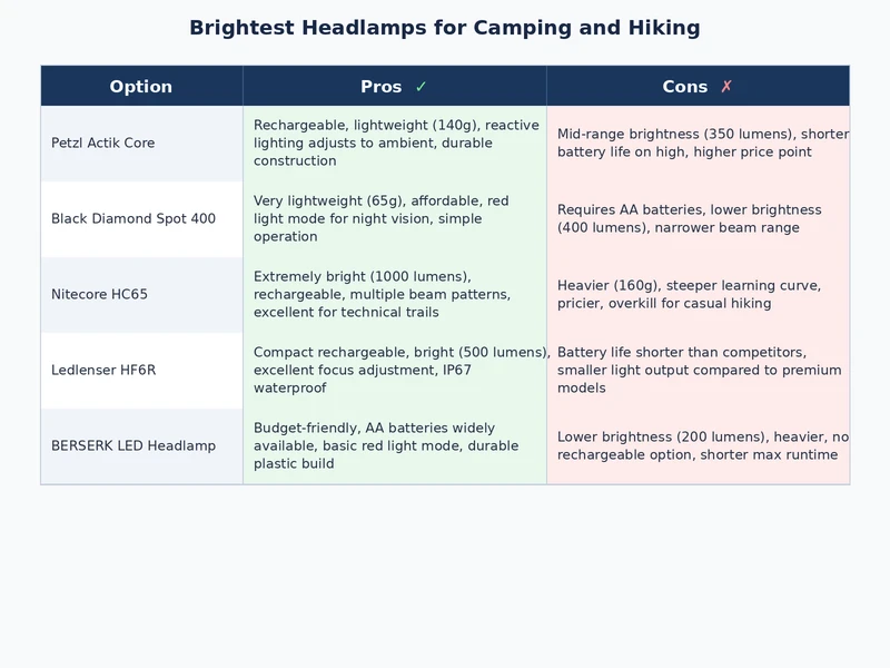 Comparison chart showing brightest camping headlamps ranked by lumen output and beam distance by tier