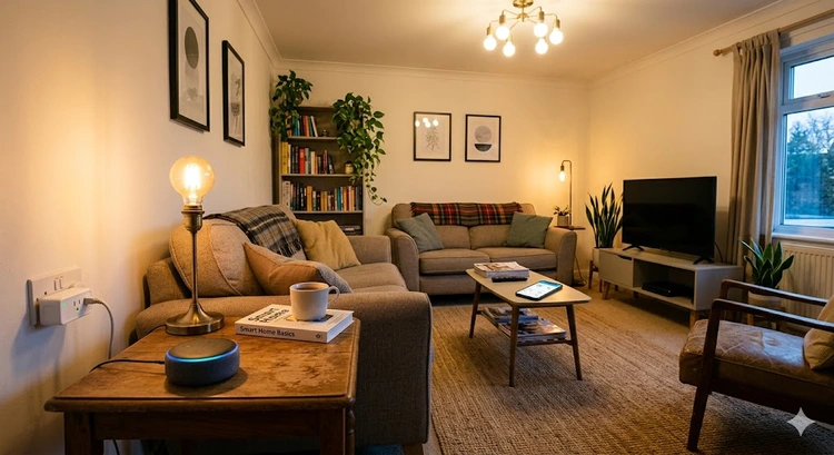 Budget smart home setup with smart plugs, bulbs, and a voice assistant on a kitchen counter