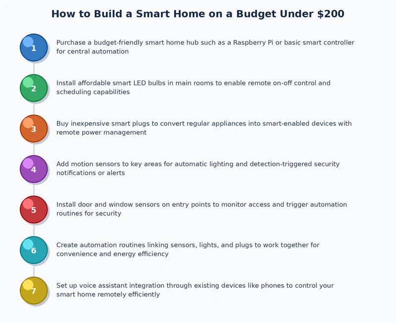 Step-by-step process diagram showing the order to build a smart home on a budget