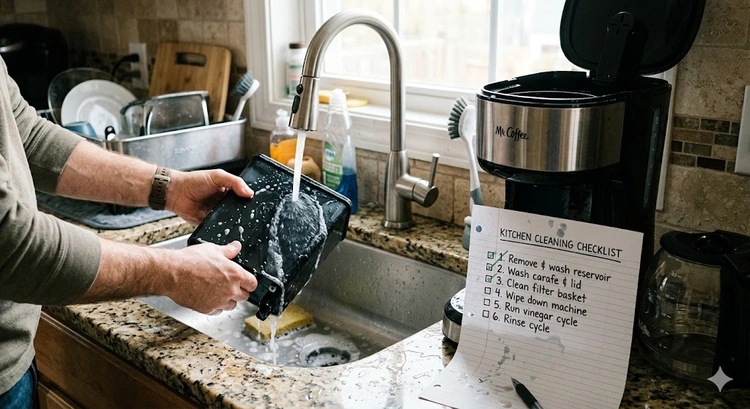 coffee maker maintenance tips — descaling and cleaning a drip coffee machine on a kitchen counter