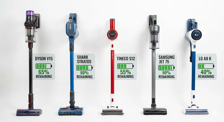 Cordless vacuum battery life comparison showing multiple stick vacuums lined up on a hardwood floor
