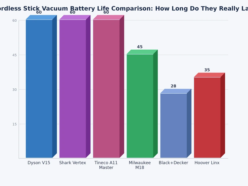Bar chart comparing cordless vacuum battery life across Dyson, Shark, Samsung, LG, and Tineco models