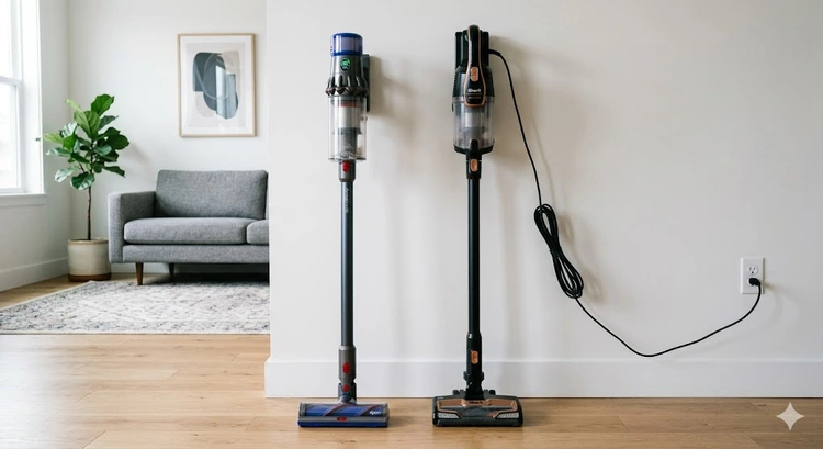 Cordless vs corded stick vacuum side by side on hardwood floor