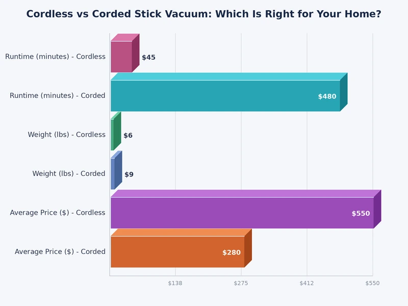 Bar chart comparing cordless and corded stick vacuum performance metrics including suction, runtime, and weight