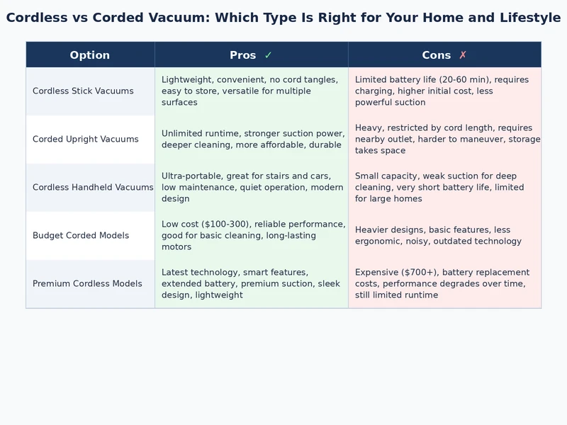 Comparison chart showing cordless vs corded vacuum strengths across key categories