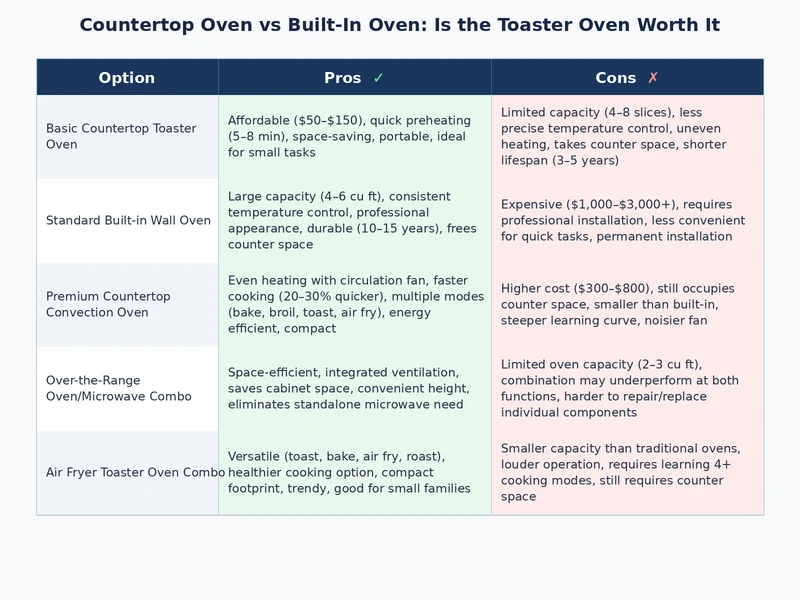 Visual comparison chart of countertop oven vs built-in oven across cost, capacity, and suitability factors