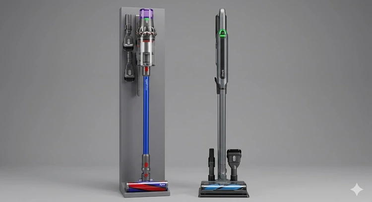 Dyson vs Shark cordless vacuum side by side on hardwood floor