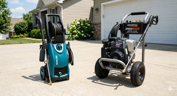 Electric vs gas pressure washer comparison showing both machine types side by side outdoors