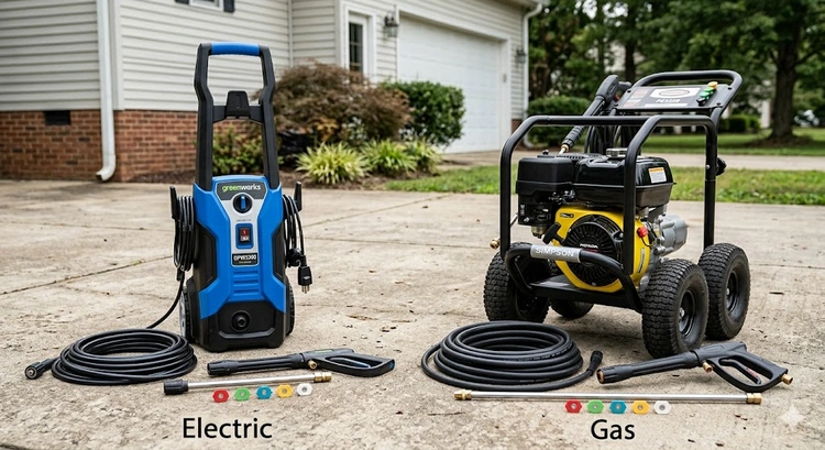 Electric vs gas pressure washer side by side on a driveway