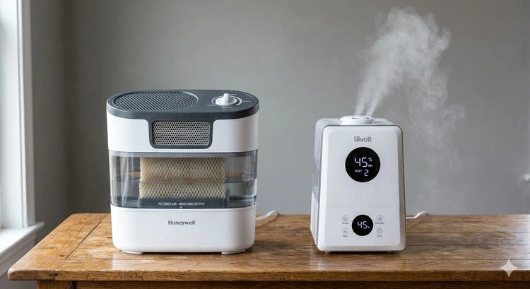 evaporative vs ultrasonic humidifier units side by side on a shelf