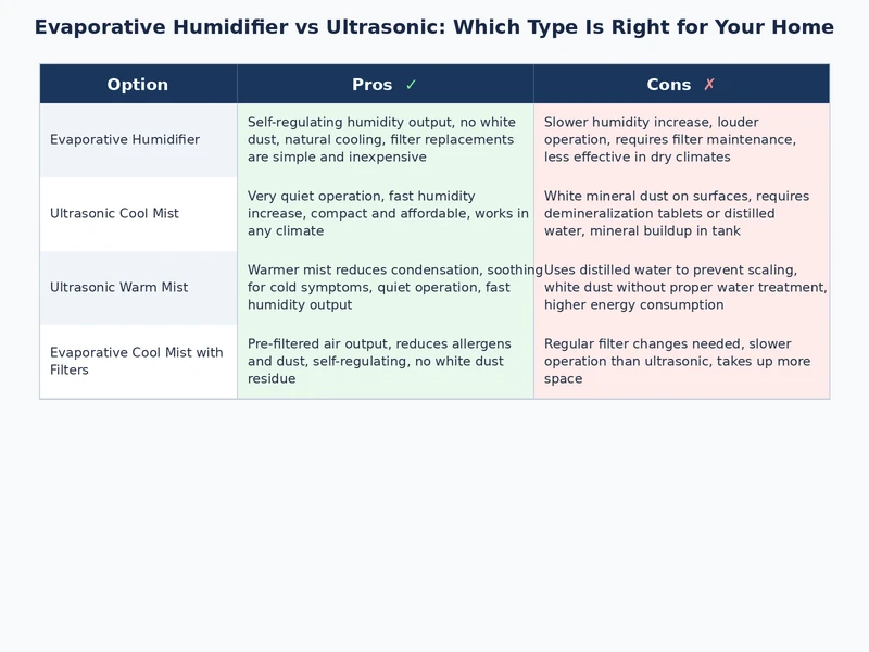 side-by-side comparison chart of evaporative vs ultrasonic humidifier features and maintenance requirements