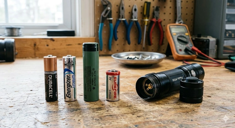 flashlight batteries of different types arranged beside a runtime comparison chart showing how long flashlight batteries last