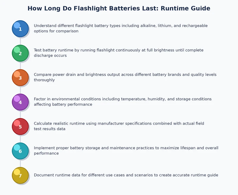 step-by-step process diagram showing how to calculate flashlight battery runtime using capacity and current draw measurements