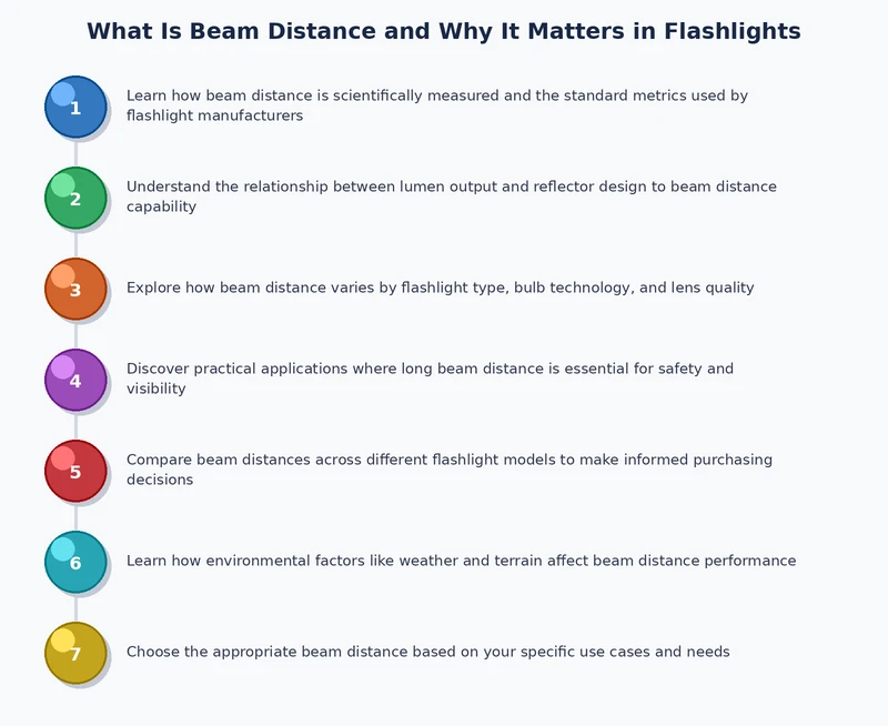 Process diagram illustrating ANSI FL1 beam distance measurement steps from emitter to 0.25 lux endpoint
