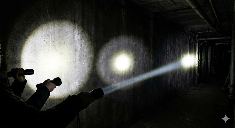 Three flashlight beam types — flood, spot, and throw — illustrated side by side showing beam angle and coverage differences