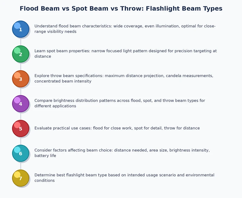Decision flowchart for selecting the correct flashlight beam type — flood, spot, or throw — based on task distance and environment