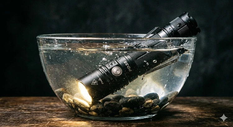 Flashlight waterproof rating IPX scale diagram showing protection levels from IPX0 to IPX8