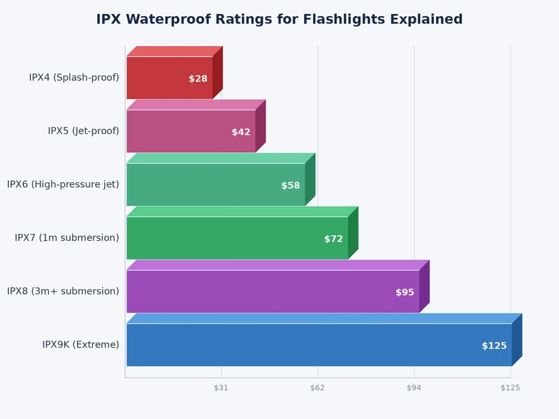 Bar chart comparing IPX waterproof rating protection levels for flashlights from IPX0 to IPX8