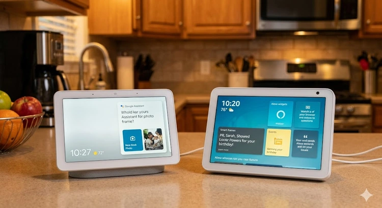 Google Home vs Alexa smart speakers side by side on a kitchen counter