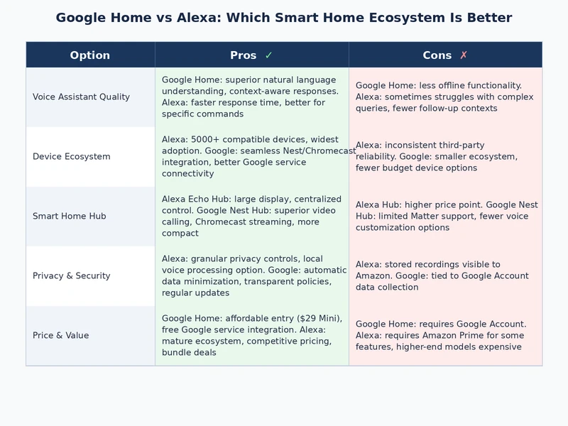 Side-by-side comparison table of Google Home and Alexa ecosystem strengths