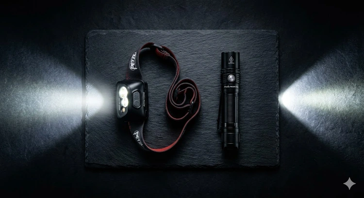 Headlamp vs flashlight side by side on a workbench showing design differences