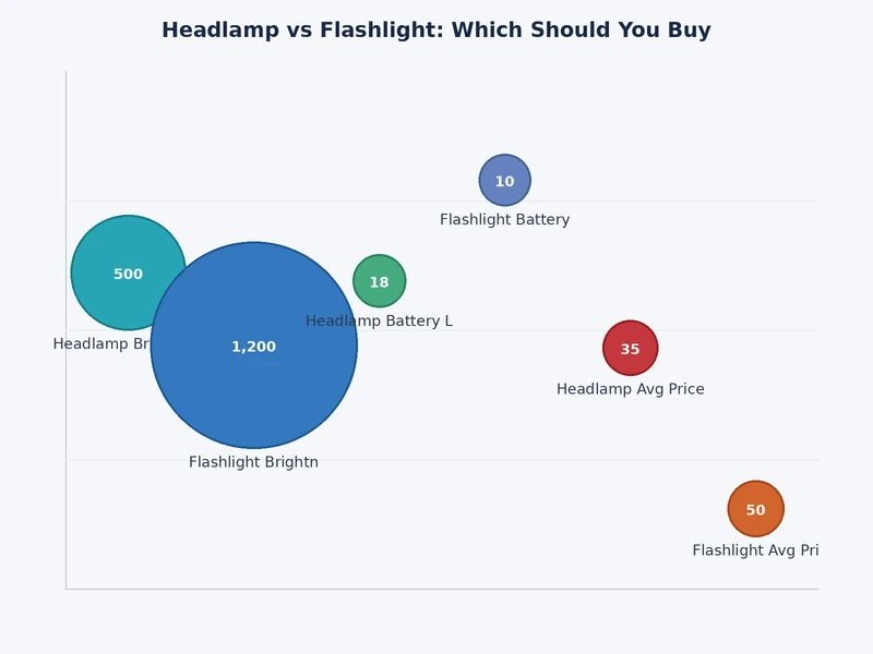 Bar chart comparing headlamp vs flashlight lumens, beam distance, and runtime across price tiers
