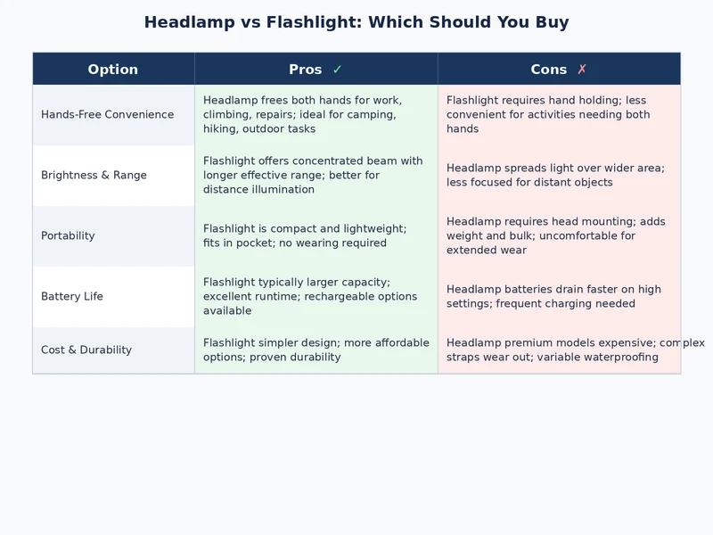 Comparison chart of headlamp vs flashlight showing use cases, price tiers, and key features