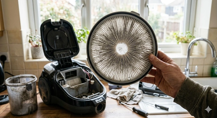 Close-up of a HEPA vacuum filter showing pleated filtration media that captures fine particulates