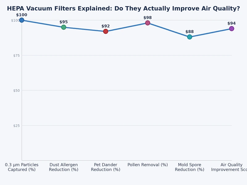 Bar chart comparing particle capture rates across HEPA, HEPA-type, and standard vacuum filters at 0.3, 1.0, and 5.0 micron sizes