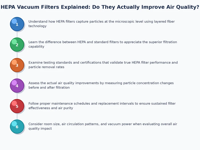 Process diagram showing the HEPA filter maintenance cycle: inspect pre-filter, clean or replace, check seals, assess HEPA media, replace on schedule